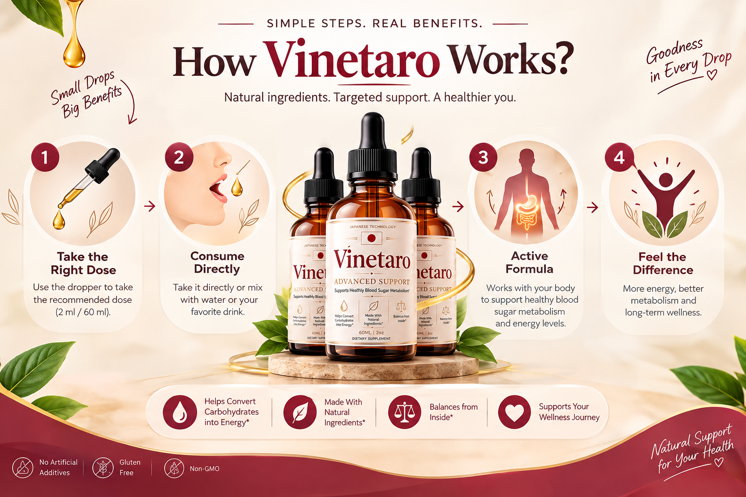 How Vinetaro drops work: dose, absorb, active formula, feel the difference